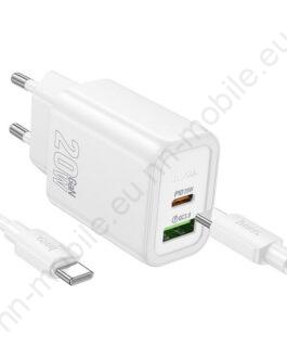 Зарядно за мрежа Hoco N61 / USB A + USB C / 20W PD/QC 3.0 / с кабел Type C към Type C / Бял /