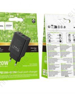 Зарядно Адаптер HOCO CS94A / PD20W + QC18W 3A / 1 x USB A / 1 x USB C / Черен /